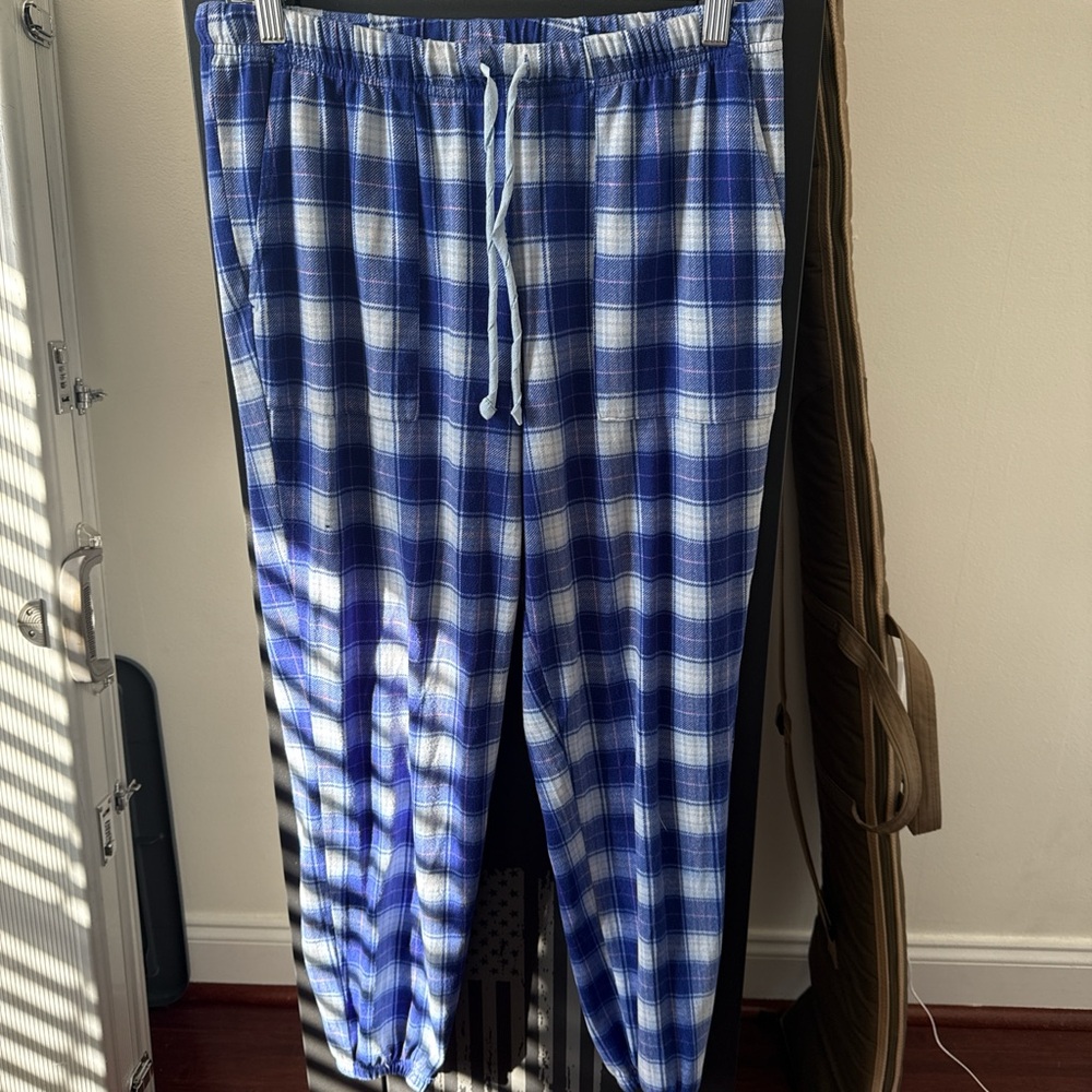 Blue and white plaid cotton joggers
